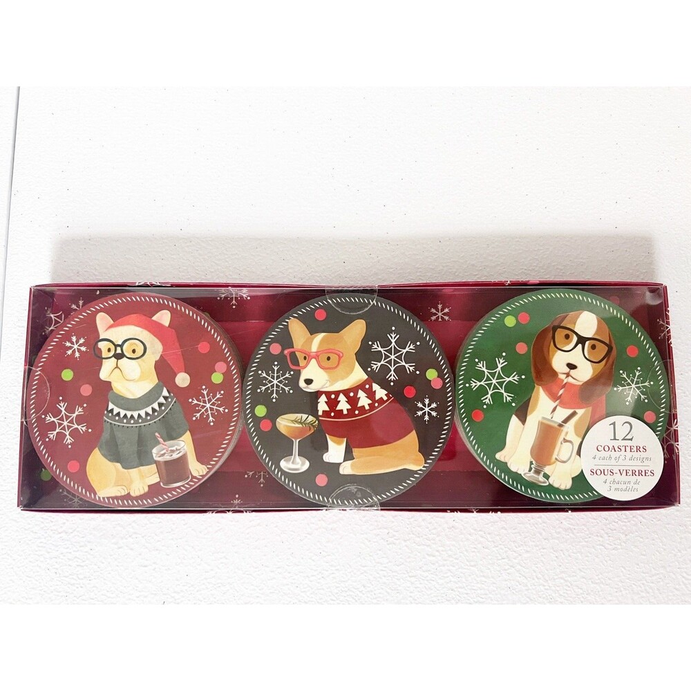 NEW Holiday ChristmasDog Puppy Coasters Set of 12 4” Diameter NOB